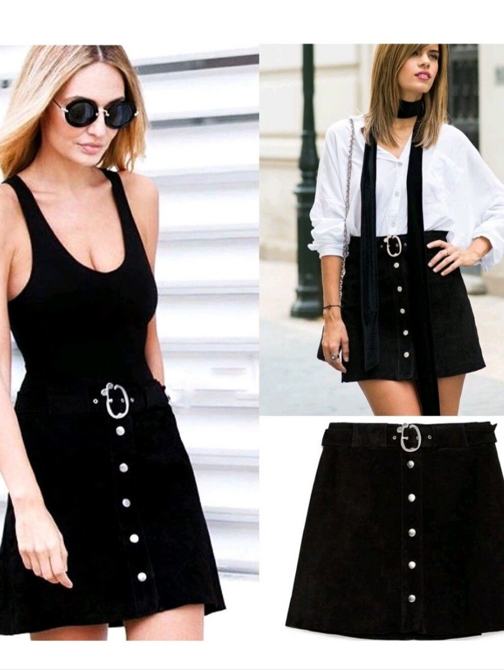 Zara Black Genuine Suede Leather Belted Button Front Mini Skirt S